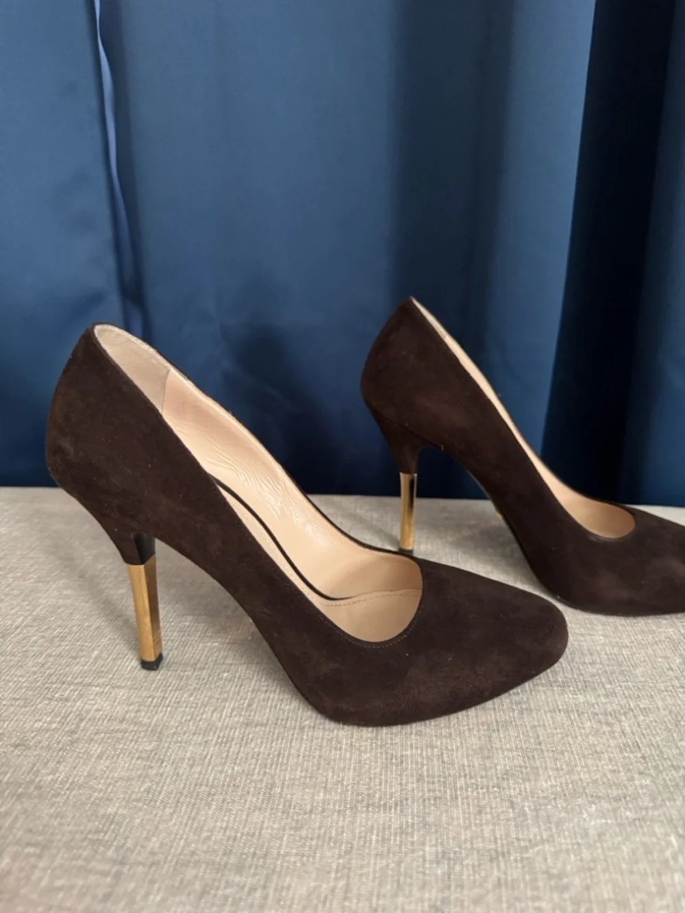Prada Brown Suede Pumps with Gold Stiletto Heel - Picture 2 of 5